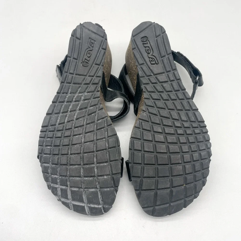 Teva Womens 6.5 Cabrillo Wedge Strappy Sandals Black Leather Gorpcore Boho Heel